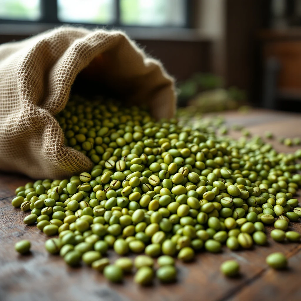 chicchi di caffè verde in un sacco di juta aperto sul pavimento della torrefazione